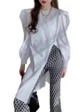 トレンドデザインの開襟Tシャツ【パフスリーブ・ミディアム丈】（セットアップ対応）