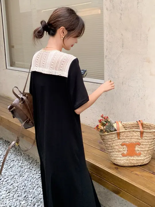 海軍風のブラックTシャツワンピース【披肩付き・ゆったりとしたデザイン・した印象】（セットアップ対応）
