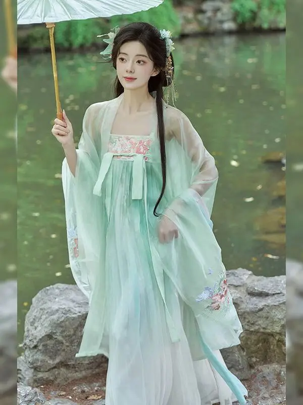 漢服 十二花神デザインの刺繍入りチュニックスタイル ドレス【春夏用・軽やかさ・豪華な刺繍】（セットアップ対応）