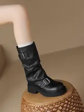 加绒ブラックブーツ【中筒・厚底・ライディングスタイル】
