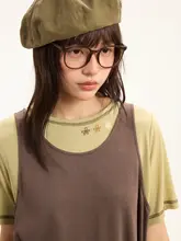 復古デザインの重ね着風キャミソールTシャツ【刺繍・カジュアル・ゆったり】（セットアップ対応）