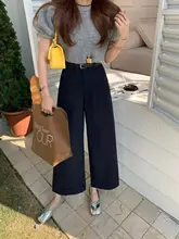 ダークブルーのハイウエストストレートパンツ【九分丈・フィット・秋冬用】