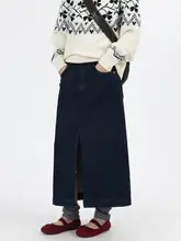 幾何学模様デニム色のワイドストレートスカート【春夏用・スリット入り・Aライン】