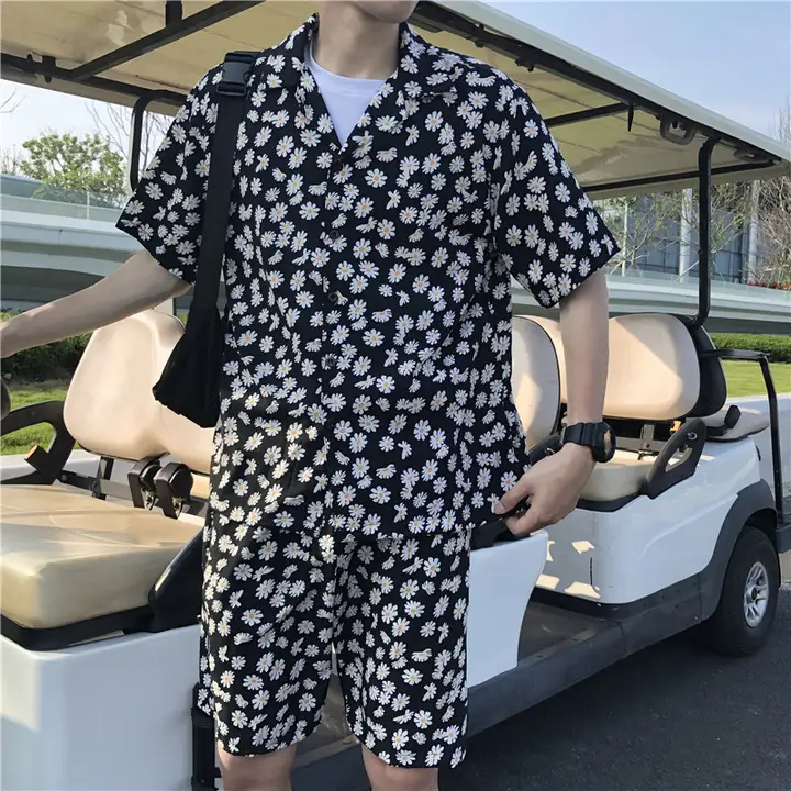 夏用ハワイアン半袖アイスシルクシャツとショートパンツ【ゆったりサイズ・メンズ・カジュアルデザイン】（セットアップ対応）