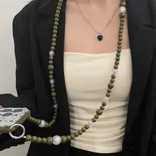 レトログリーン柄 スマートフォンケース【iPhone対応・ショルダータイプ・紫緑のチェーン付き】
