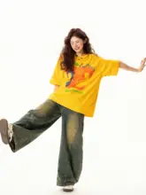 アメリカンビンテージ風 抽象リンゴプリント Tシャツ【夏用・ドロップショルダー・ルーズフィット】