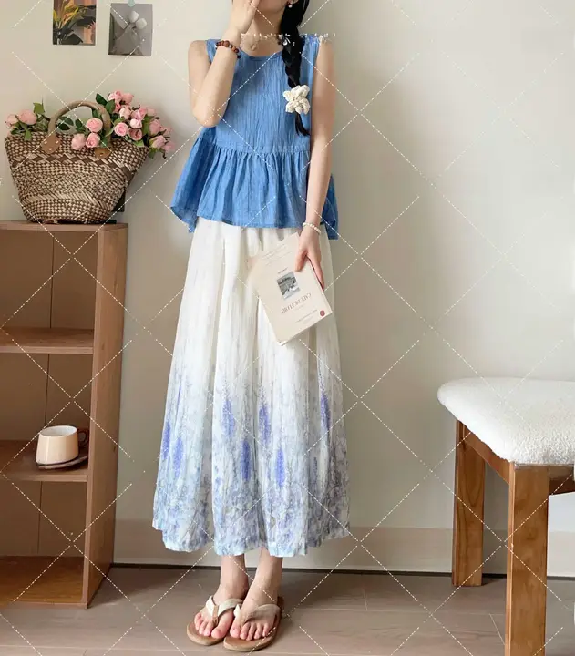 天然素材の高級印花Aラインスカート【クラウドデザイン・ミディ丈・麻100%】