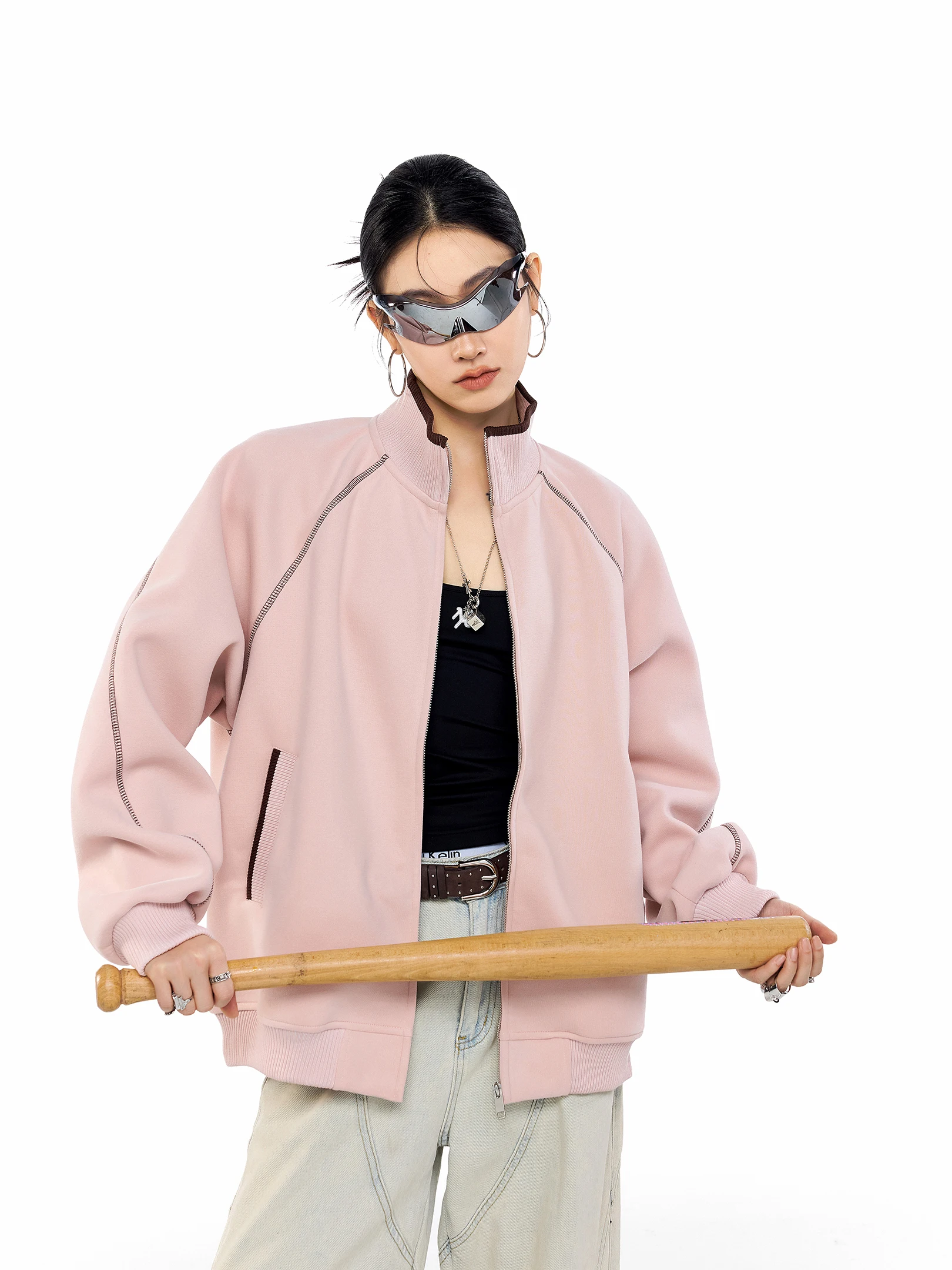 春季用ルーズフィットジッパー付きパーカー：美式スタイルの女性向け日常着