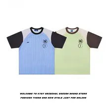 アメリカンレトロストライプデザインのショートスリーブTシャツ【男女兼用・カジュアル・夏用】（セットアップ対応）