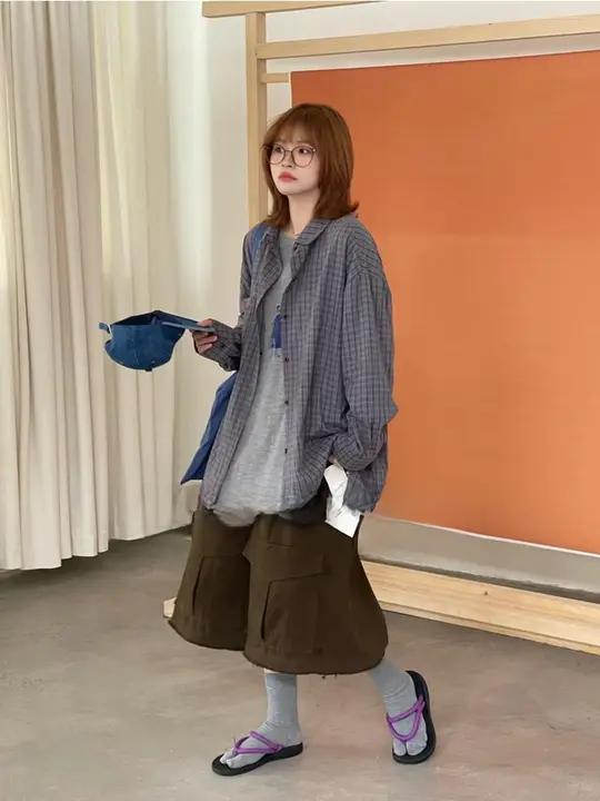 レトロチェック柄シャツ【春夏用・長袖・ルーズフィット・カジュアル】