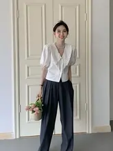 フレンチスタイル パフスリーブブラウス【子供用襟・ショートスリーブ・Vネック・ホワイト】