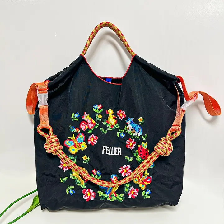 刺繍入りエコナイロンショッピングバッグ【斜め掛け・手提げ・トート・メッシュデザイン】
