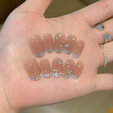 フレンチスタイルのアイスピンクグリッター ネイルチップ【ハンドメイド・高級感・ショート丈】