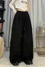 カジュアルな黒のワークパンツ【春用・フィット・ハイウエスト・ワイドレッグ】（セットアップ対応）