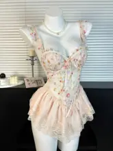 レースフラワープリントキャミワンピース【バストパッド付き・スリムフィット】