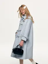 冬季水色の磨毛仕立て ボウタイデザインの中長丈高級ウールコート