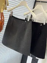 グレーのスパンコール付きウールミディスカート【ハイウエスト・Aライン・秋冬用】
