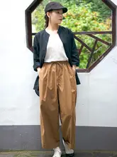 夏用 文芸風 レトロデザイン レディース ブラウンのウエストゴム 九分丈 ワイドパンツ