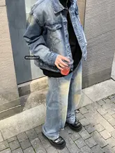 春季用カジュアルデザインデニムジャケット【ゆったりシルエット・長袖】とストレートパンツ（セットアップ対応）