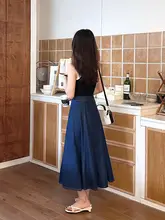 レトロデザイン深い青色のハイウエストデニムAラインスカート【膝下丈・フレアシルエット】