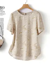杭州製真丝 夏用プリントTシャツ【女性用・丸首・短袖】