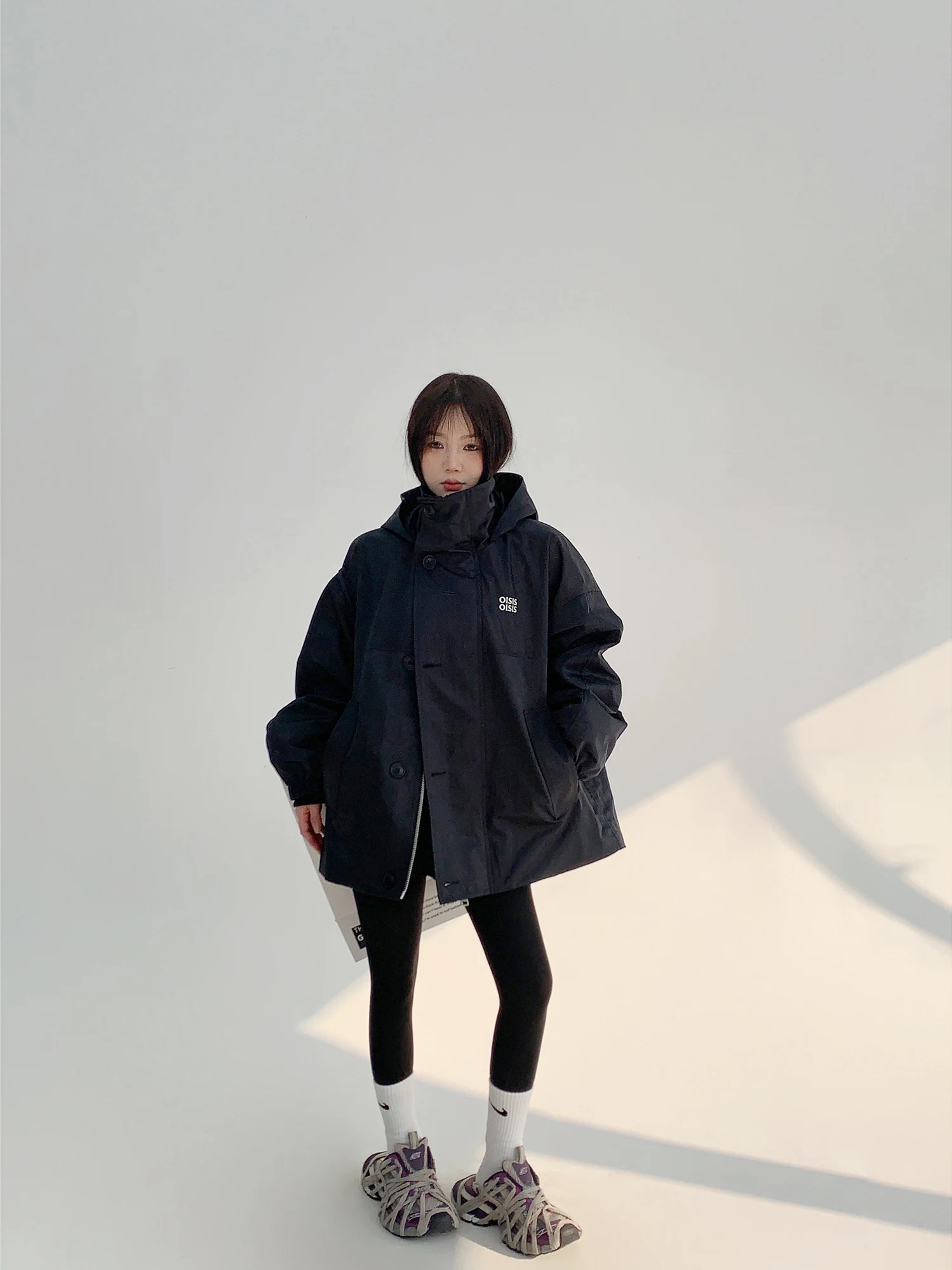 刺繍入りフード付きブラックジャケット【オーバーサイズ・レトロ・カジュアル】（セットアップ対応）