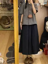 レトロなダークブルーのAラインスカート【コットン製・中長丈・女性用】