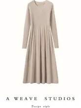 山羊绒製 丸首ロングドレス【高ウエスト・Aライン・通勤用】