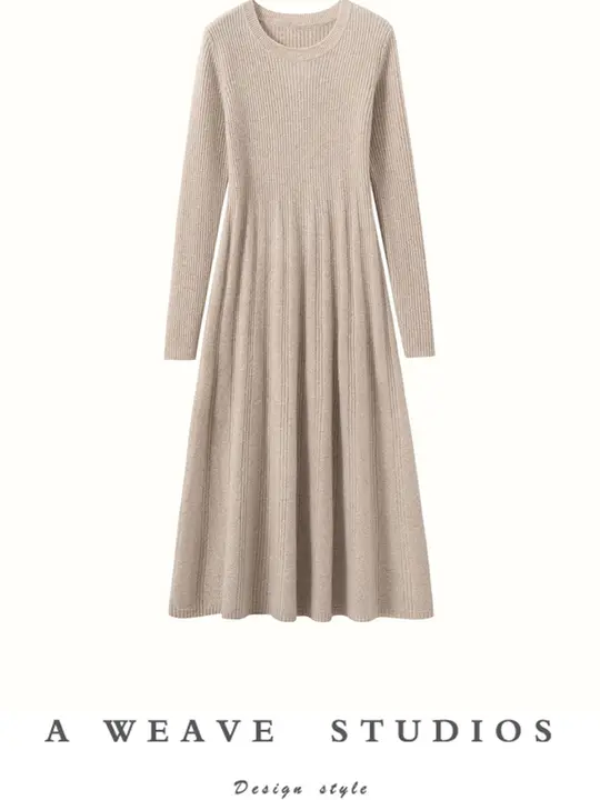 山羊绒製 丸首ロングドレス【高ウエスト・Aライン・通勤用】