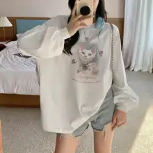 猫プリントの夏用レディースTシャツ【アメリカンレトロ・ラウンドネック・長袖・ゆったりフィット】