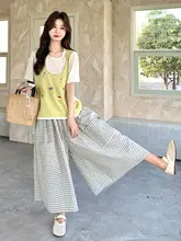 黄色刺繍キャミソールとチェックのワイドパンツ【夏の学院風・短袖】（セットアップ対応）