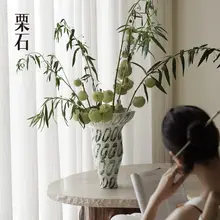 青瑶手描き陶器花瓶【フランス風・アートインテリア・彫刻デザイン】