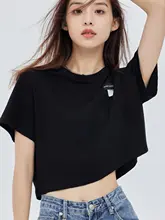 シンプル無地 ラウンドネック cropped Tシャツ【ブラック・コットン・短袖】