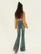 ヴィンテージ風 フリンジ付きブーツカットデニムパンツ【ローライズ・スリム効果・ロング丈】（セットアップ対応）