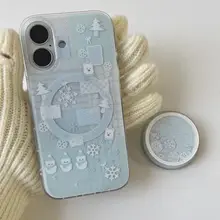 向日葵ドッグデザインのiPhoneケース【青色・雪の結晶と雪だるま・マグネット式・iPhone 14/13/15 Pro Max対応】