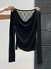 黒のラフネックレース風長袖Tシャツ【女性用・秋冬インナー・フィット】