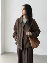 ヴィンテージ風 ブラウンジッパー襟付きデニムジャケット【ゆったりした作業服スタイル】