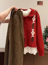 長袖赤ニットセーターとストレートパンツ【冬用・ウィンターコーデ】（セットアップ対応）