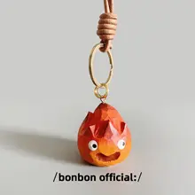 バッグチャーム キーホルダー 手作り 木製 カルシファー 小さな炎 遊び心 紐付きストラップ 通学バッグ デコ プレゼント ギフト