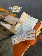 グレーのバタフライリボン付きフルカバー五本指手袋【冬用・防風・保温】