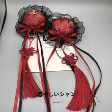 暗黒のチャイニーズスタイル ヴィンテージボルドーの双馬尾ヘアアクセサリー【ロリータ風・丸い髪飾り】