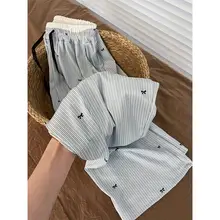 リボン付きストライプ柄ルームパンツ【高腰・カジュアル・ゆったりサイズ】（セットアップ対応）