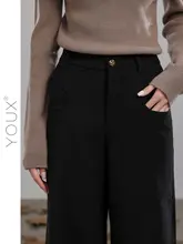 高腰パンツ【ブラック・太めストレート・冬用・厚手・レディース】