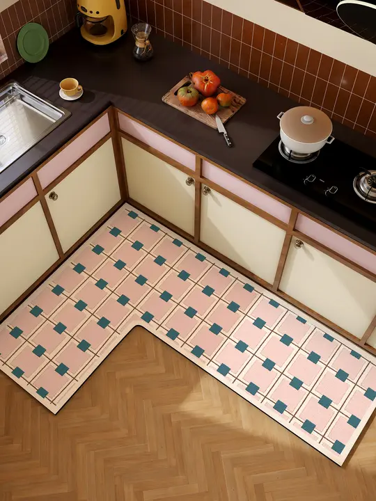 粉色の防滑キッチンマット【シリカゲル吸水・油分吸収・L字型】