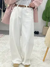 薄手フリース使用の米白色ワイドレッグデニムパンツ【高腰・ストレート・秋用】