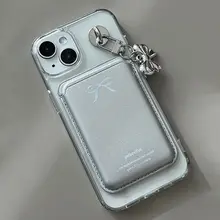 Y2Kスタイル 銀色リボン付きマグセーフ磁気スマホケース【レザー製カードポケット付き・iPhone対応】