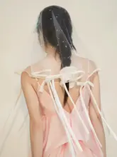 ロマンティックなリボン付きロングフリンジベール【結婚式用・水晶パール装飾】