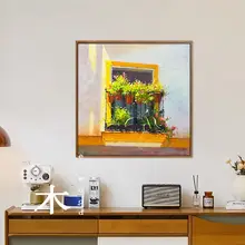 金色の窓を背景にしたモダンな静物画【手描き・レストラン用・アート】