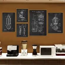 ブラック＆ホワイトカフェ装飾アートパネル【産業風・手描きコーヒーマシン・知識インフォグラフィック】