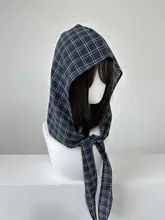 チェック柄のシンプルフード付き帽子【長いリボン付き・日よけ・アウトドア用】（セットアップ対応）